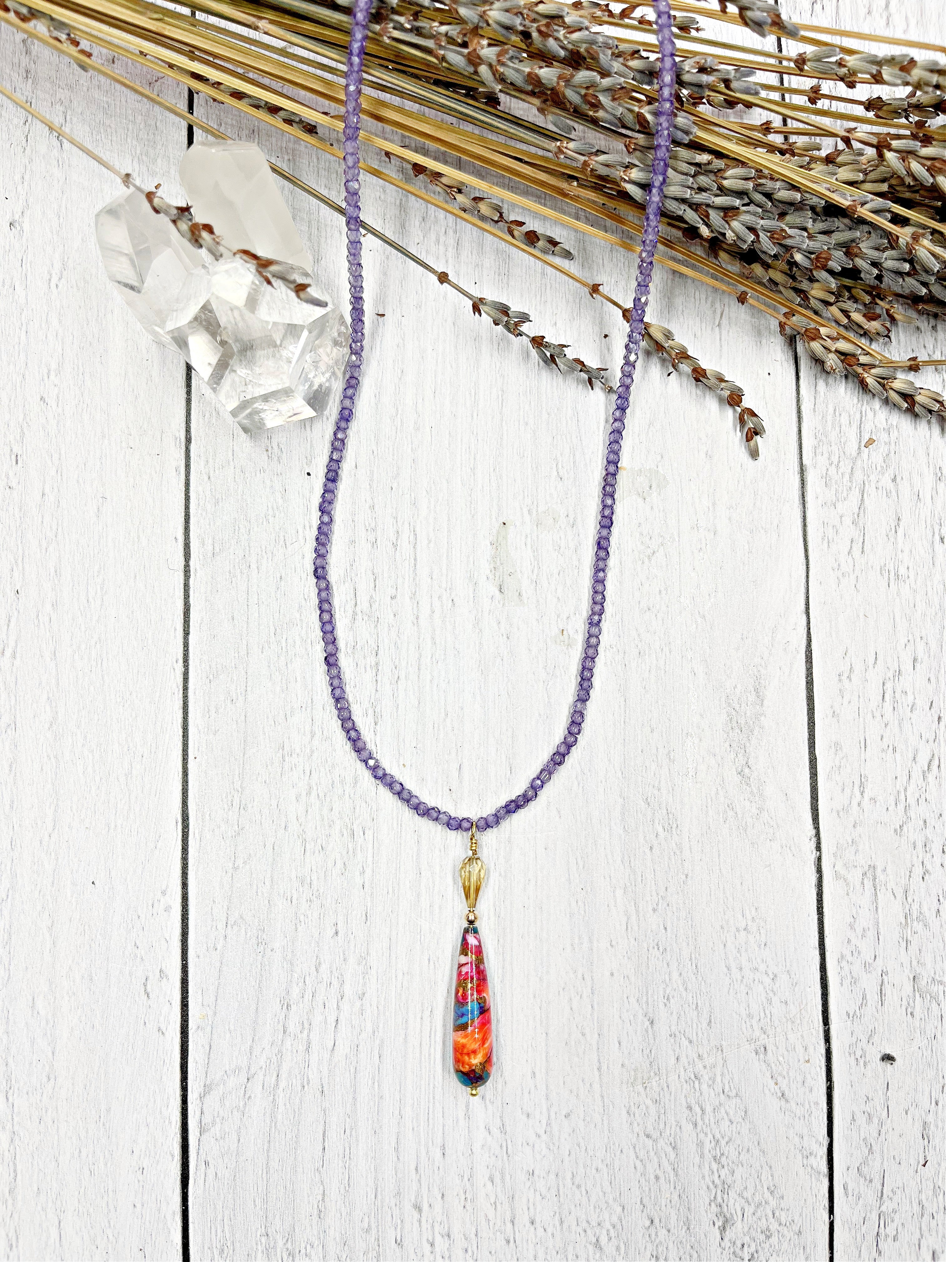 Purple Zircon with Spiny Oyster Copper Turquoise Pendant | Earth Sage Jewelry