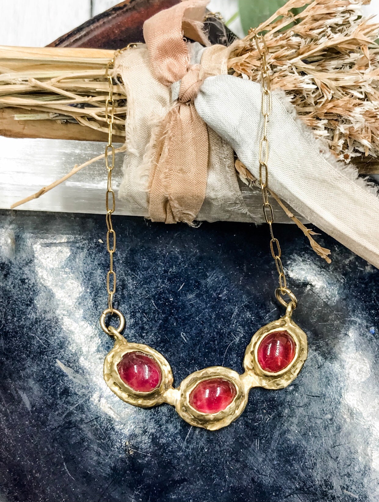 Ruby triple stone necklace